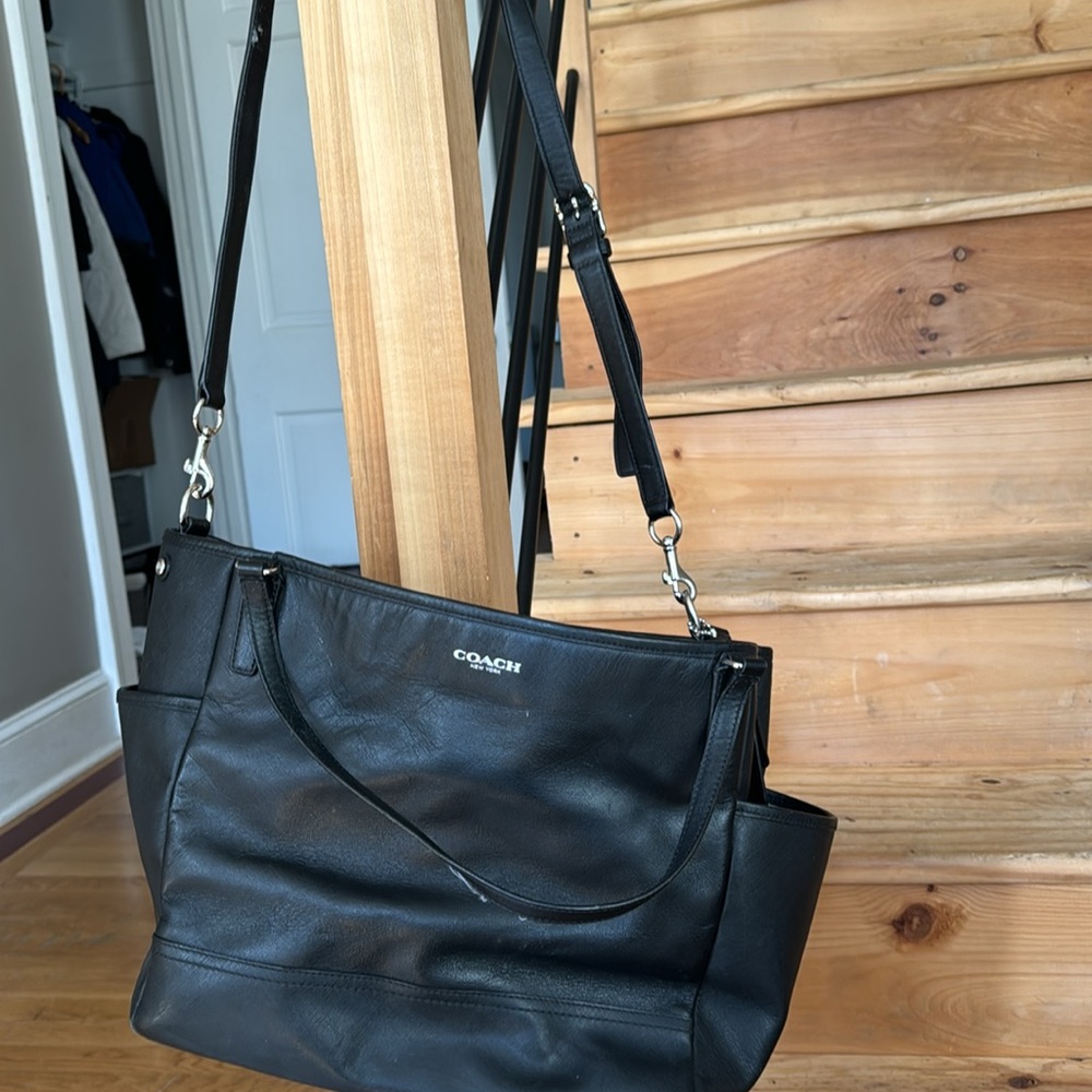 Black leather coach diaper bag